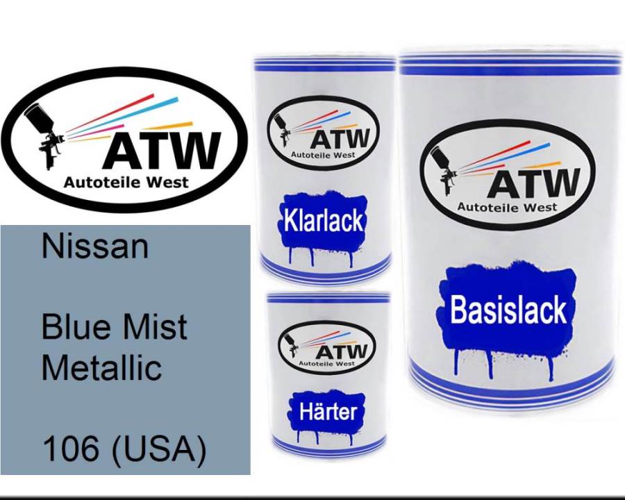 Nissan, Blue Mist Metallic, 106 (USA): 500ml Lackdose + 500ml Klarlack + 250ml Härter - Set, von ATW Autoteile West.